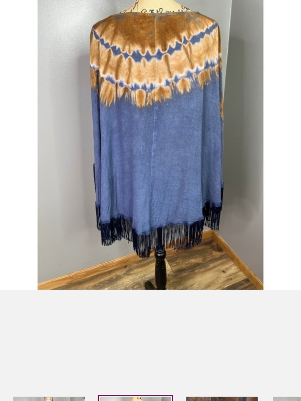 Tie-Dye Fringe Shawl Cape in Blue and Tan.Indigo ROSE